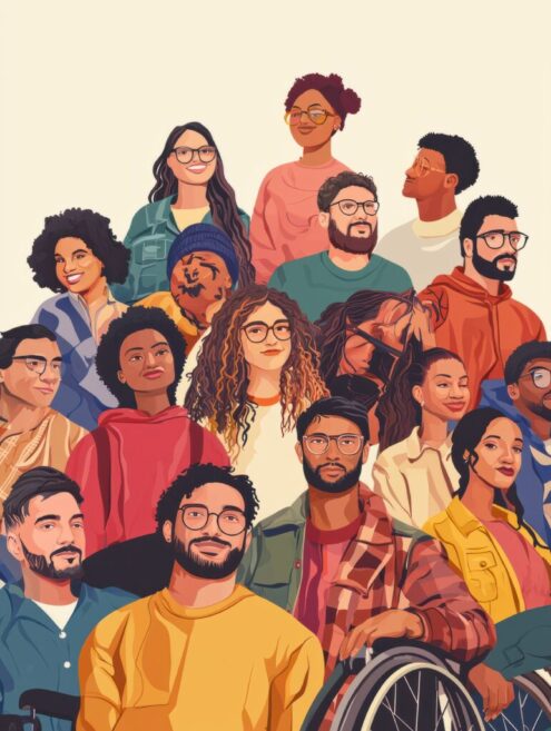 Diverse people together. Portraits human group, disability inclusive in social life. Equal working rights, person on wheelchair. Community diversity utter vector concept